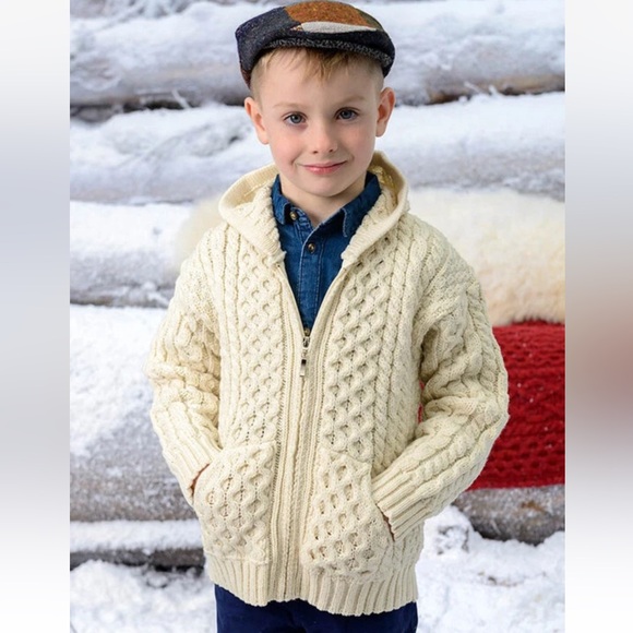 Aran Crafts 100% Merino Wool Kids Hooded Knit Cardigan Zip Sweater 6-7 Years - Picture 3 of 16
